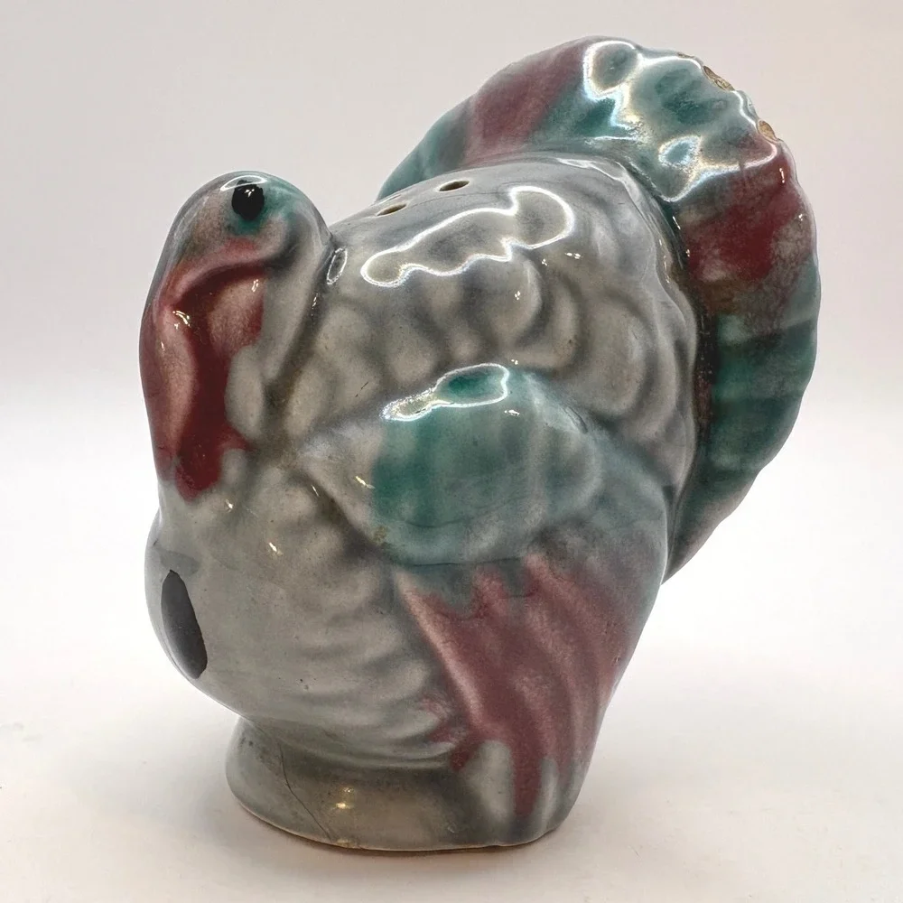Vtg Mid Century Ceramic Turkey Salt Shaker Drip Glaze Thanksgiving Table TLC